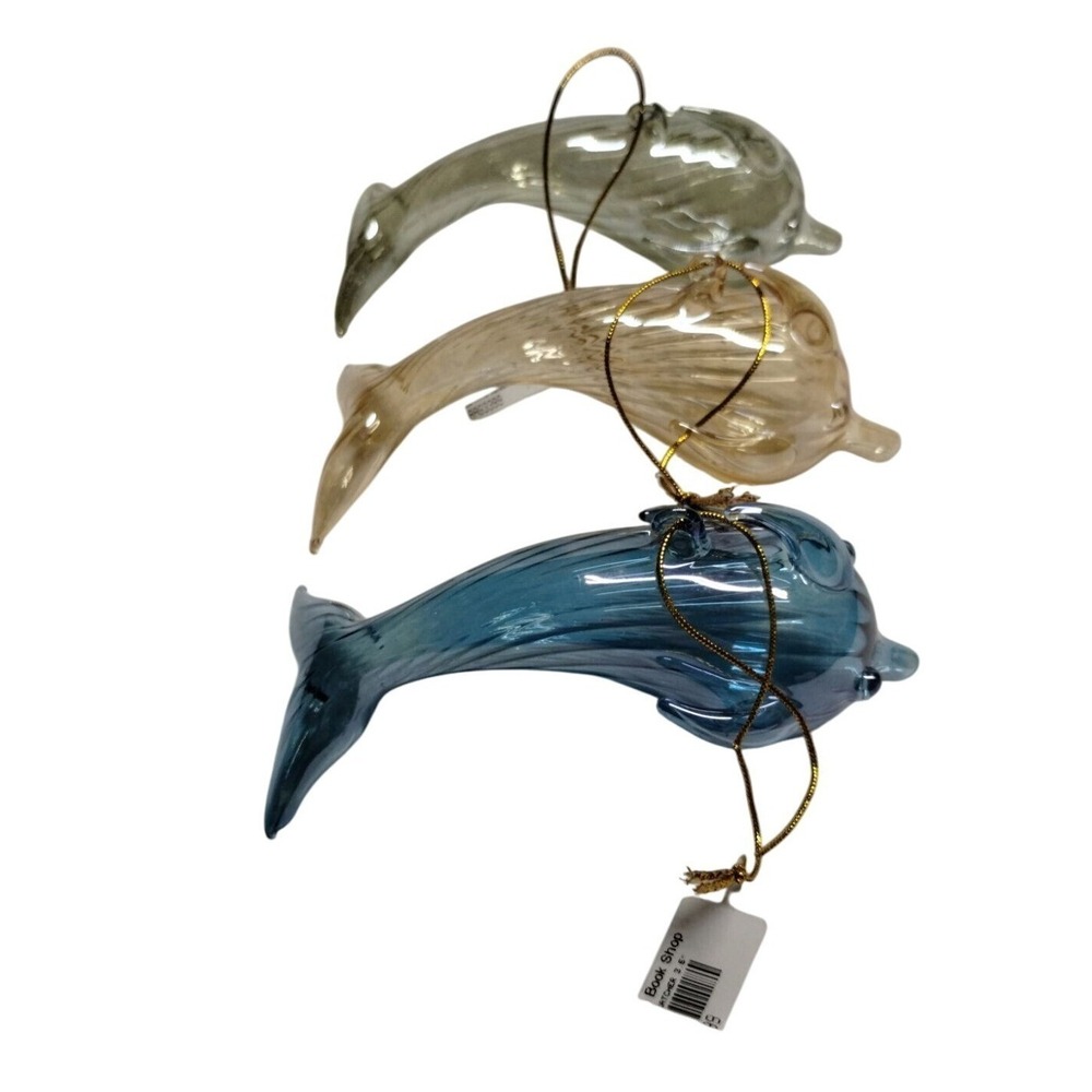 Hand Blown Glass Dolphin‎ Ornaments Set of 3 Iridescent Coastal Decor Nautical
